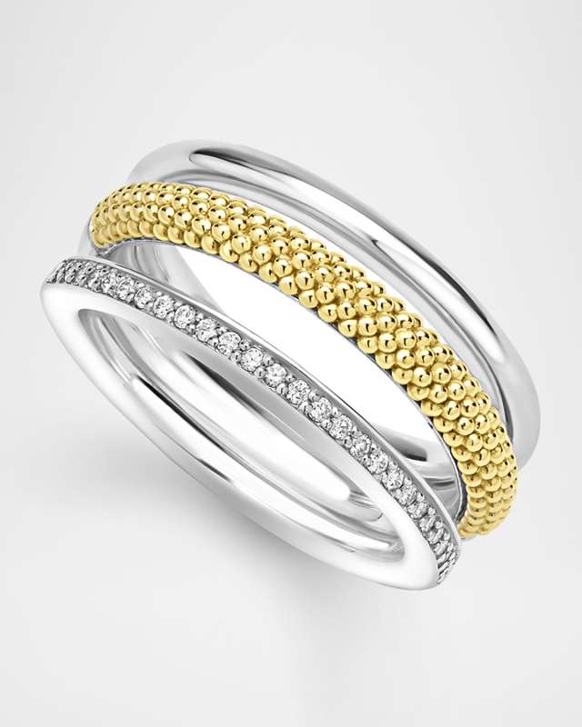 Sterling Silver and 18K Gold Caviar Luxe 3-Row Ring with Diamonds